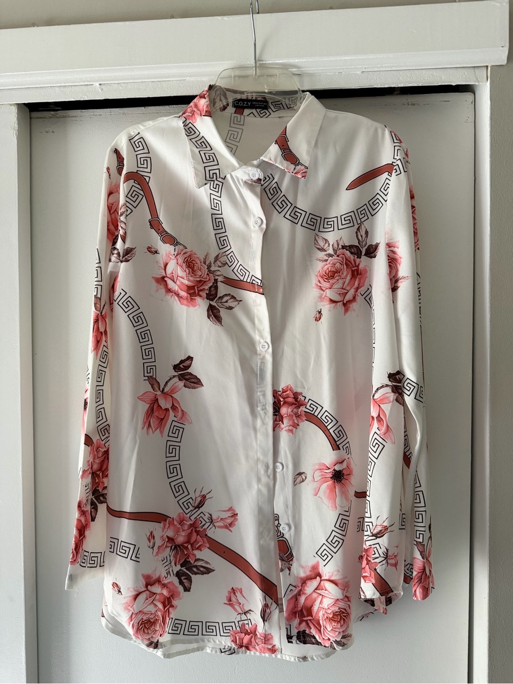 Floral Button-Down Shirt in White and Pink
